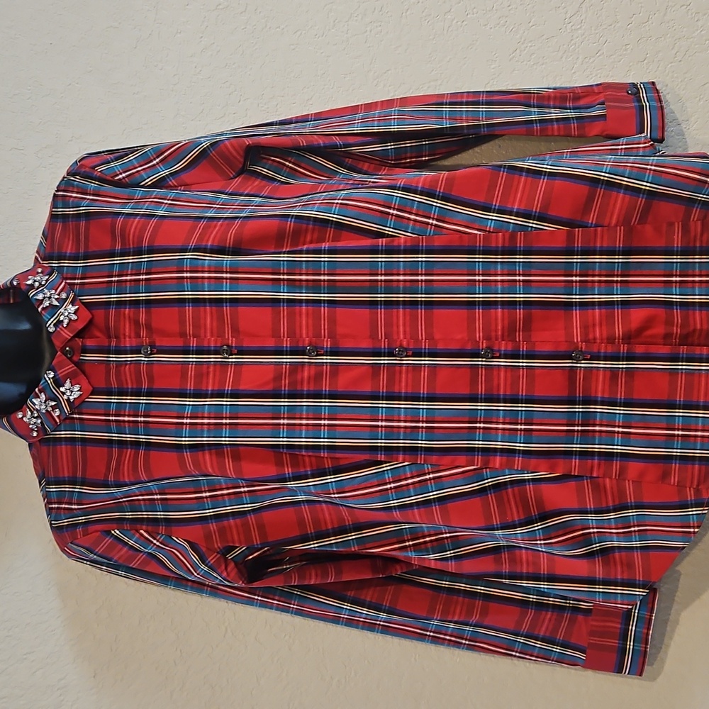 Charter Club | Women's Red Multicolor Plaid Embellished Collar Blouse Sz 14P